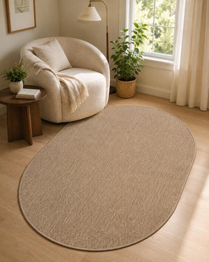 Oval Beige Woven Rug, Natural Jute Style Carpet, Scandinavian Living Room Floor Rug
