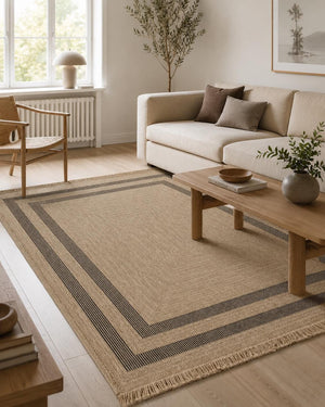 Beige Black Striped Area Rug, Textured Woven Jute Style Carpet, Modern Farmhouse Bedroom