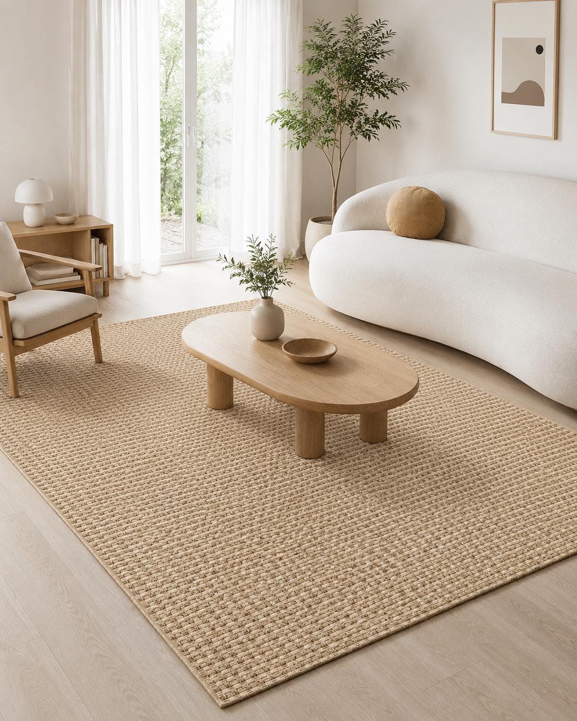 Brown Textured Basket Weave Area Rug, Boho Rustic Scandinavian Floor Carpet