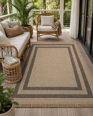 Beige Black Striped Area Rug, Textured Woven Jute Style Carpet, Modern Farmhouse Bedroom