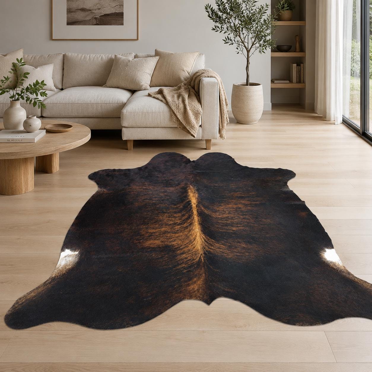 Hakiki Koyu Brindle Dana Derisi Halı 216x234 cm – Kahverengi Siyah Egzotik Üç Renkli Post Halı