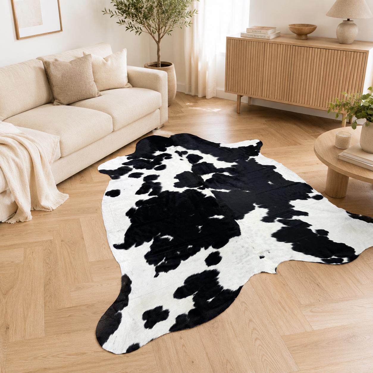 Hakiki Siyah Beyaz Dana Derisi Halı 214x235 cm – Büyük Cesur Benekli Kıllı Post Halı