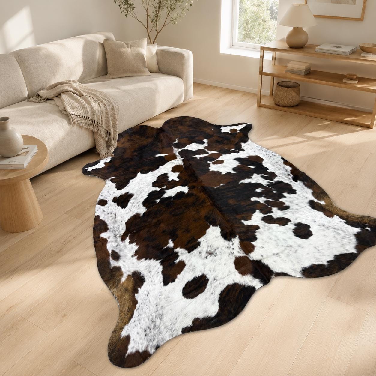 Hakiki Üç Renkli Dana Derisi Halı 206x240 cm – Kahverengi Siyah Beyaz Benekli Kıllı Post Halı