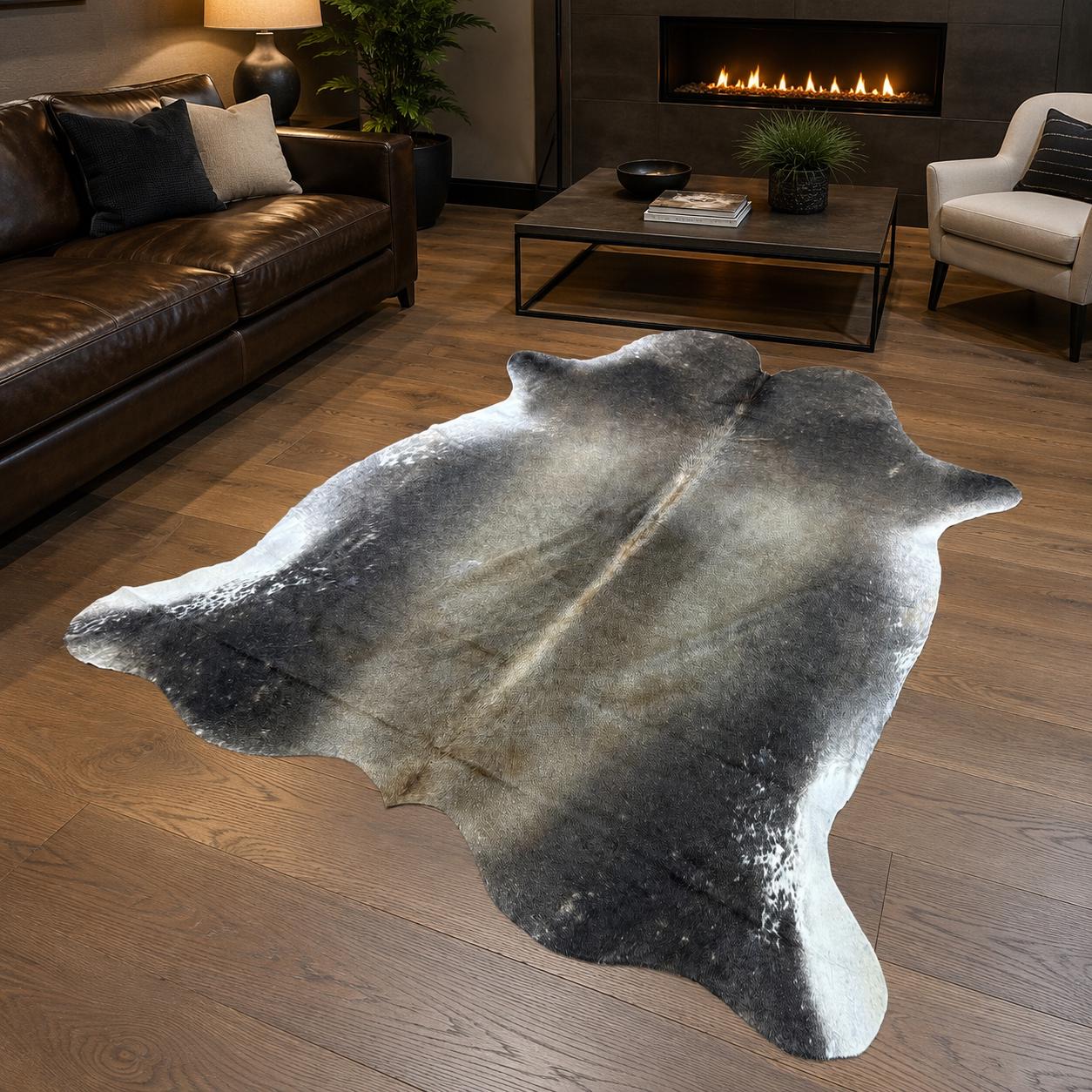 Hakiki Gri Tuz-Biber Dana Derisi Halı 217x226 cm – Dumanlı Gri Gerçek Kıllı Post Halı