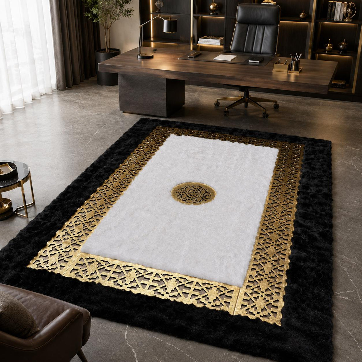 Altın ve Siyah Suni Kürk Peluş Halı – Modern ve Dekoratif Salon Halısı – görsel 2