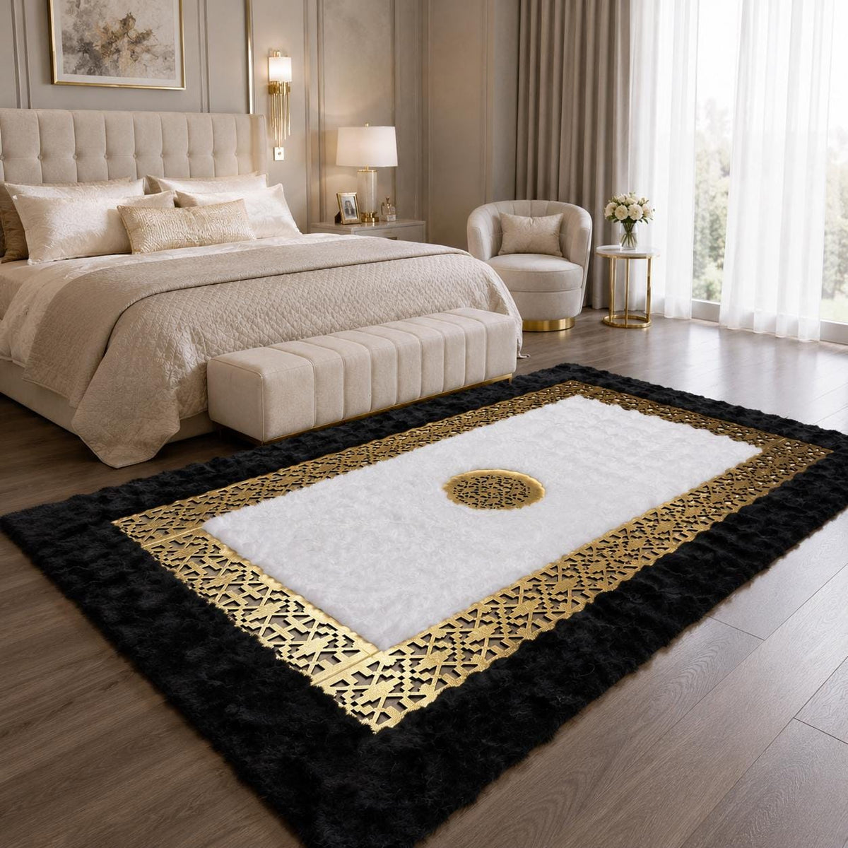 Altın ve Siyah Suni Kürk Peluş Halı – Modern ve Dekoratif Salon Halısı