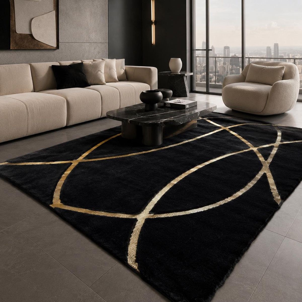 Siyah ve Altın Geometrik Peluş Halı – Lüks Görünümlü Salon Halısı – görsel 2