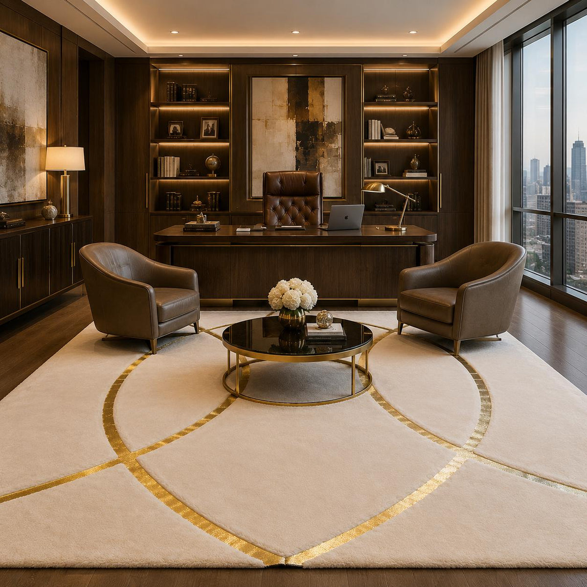Fildişi ve Altın Geometrik Peluş Halı – Özel Ölçülerde Salon Halısı – görsel 2