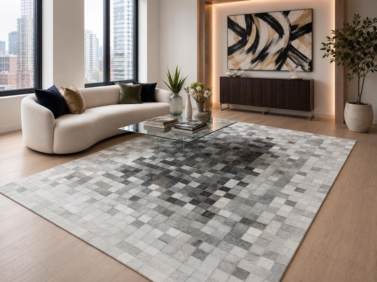 Gri Patchwork Dana Derisi Halı – El Yapımı Şık Yatak Odası Halısı