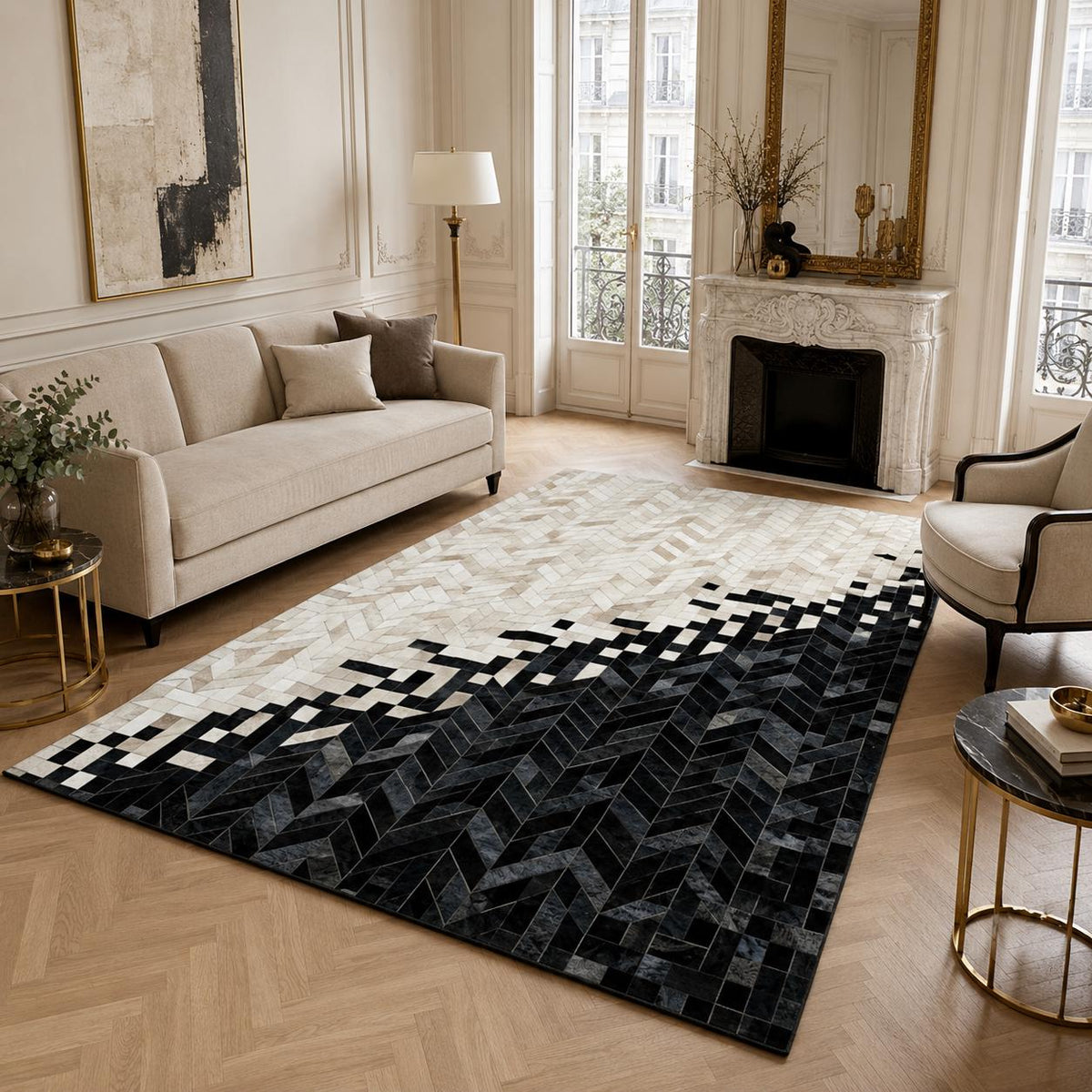 Siyah ve Beyaz Geometrik Dana Derisi Halı – Modern ve Dekoratif Salon Halısı