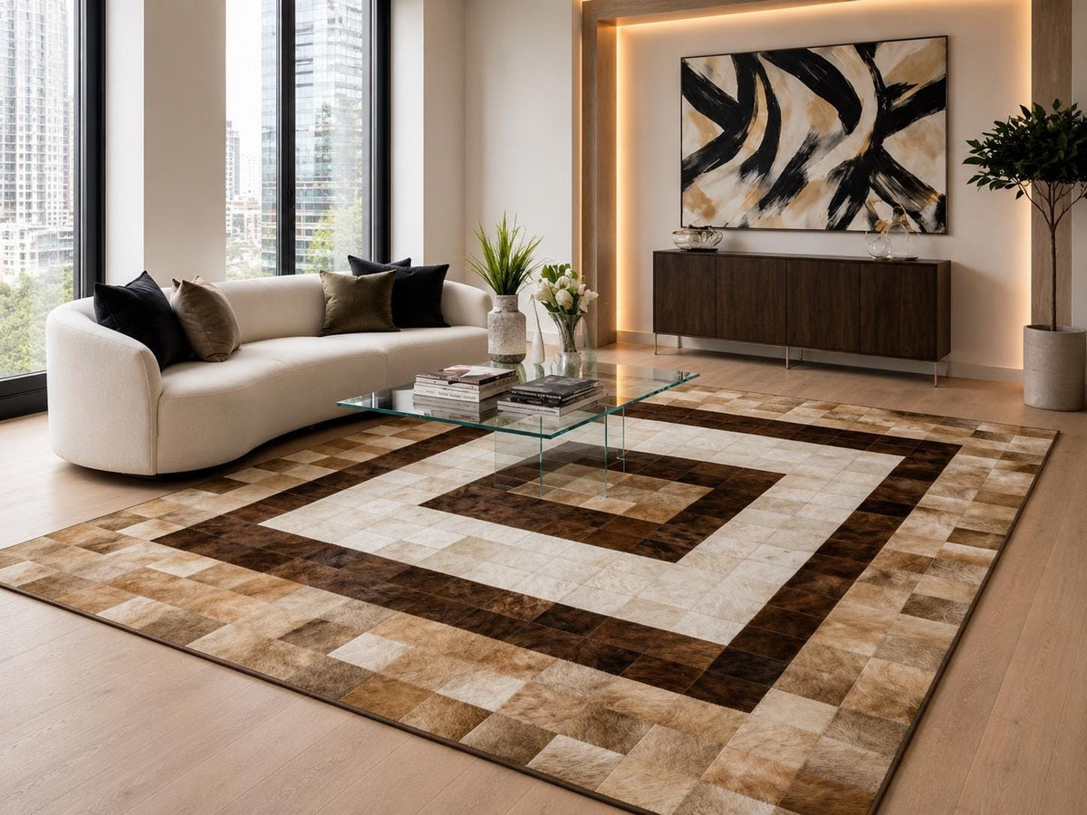 Kahverengi ve Bej Patchwork Dana Derisi Halı – Modern ve Dekoratif Ofis Halısı