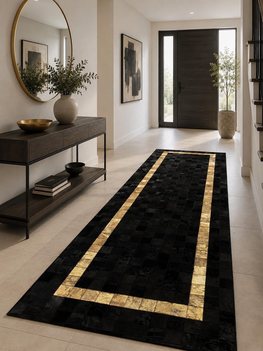Siyah ve Altın Patchwork Dana Derisi Yolluk – Lüks Görünümlü Koridor Halısı