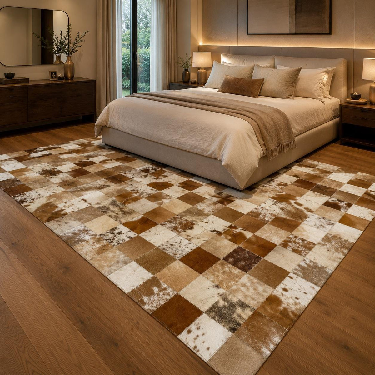 Kahverengi ve Kırmızı Patchwork Dana Derisi Halı – Lüks Görünümlü Salon Halısı – görsel 2
