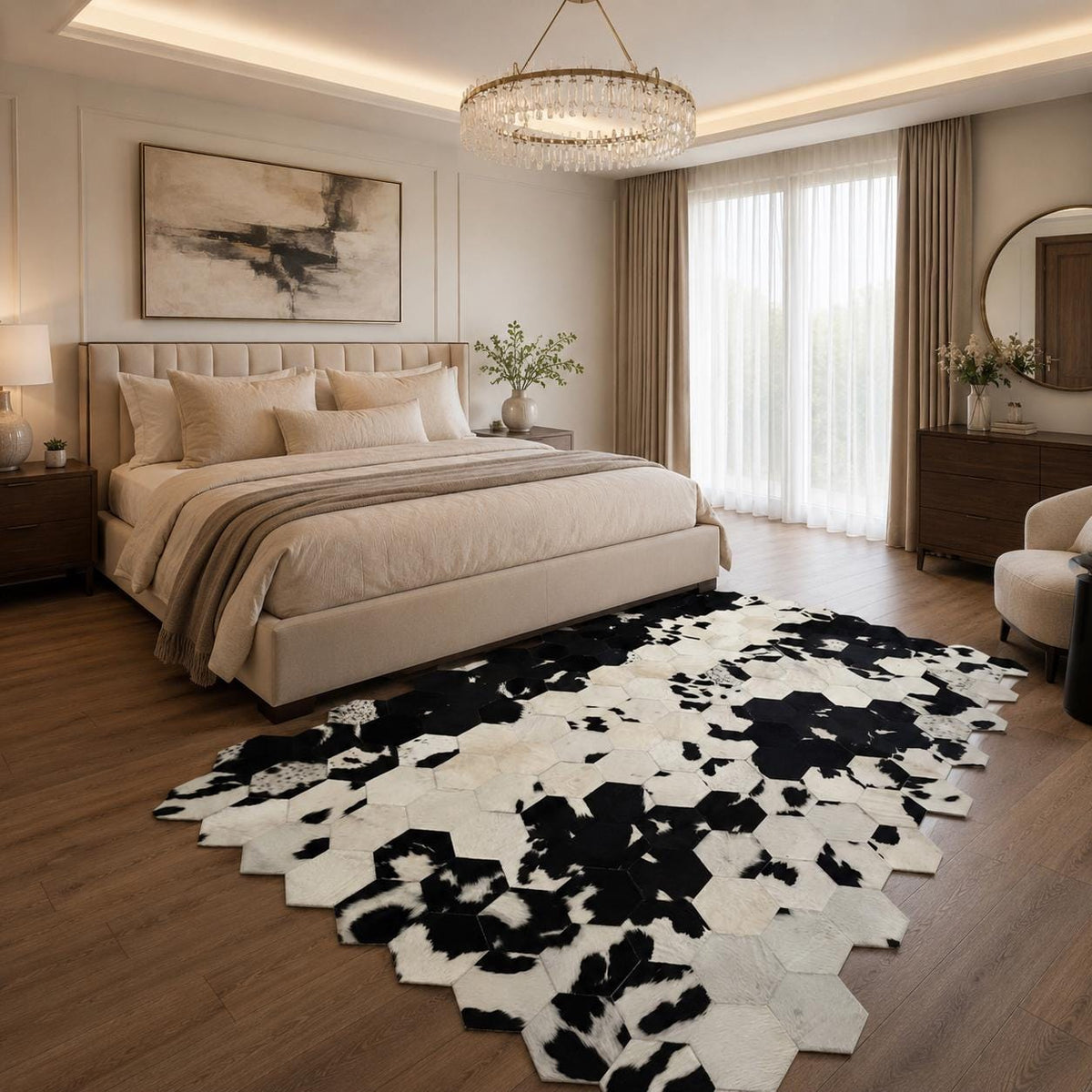 Siyah ve Beyaz Altıgen Desenli Dana Derisi Halı – Modern ve Dekoratif Giriş Halısı – görsel 2