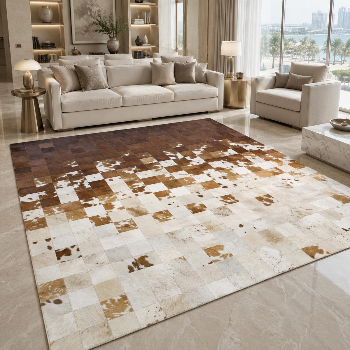 Kahverengi ve Bej Patchwork Dana Derisi Halı – El Yapımı Şık Salon Halısı