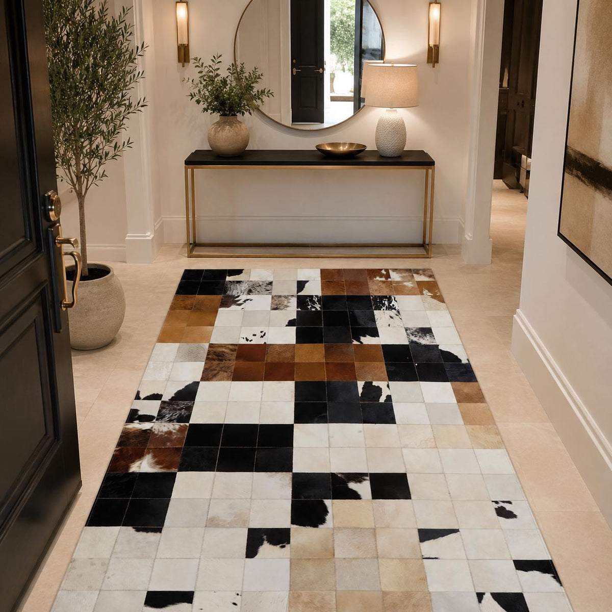 Kahverengi ve Doğal Patchwork Dana Derisi Halı – El Yapımı Şık Yatak Odası Halısı