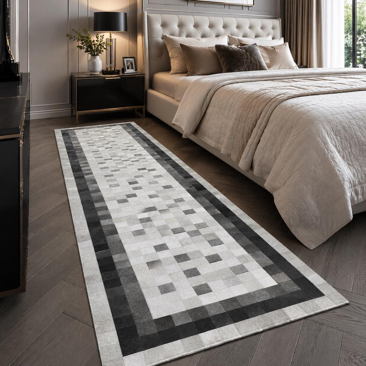 Siyah ve Beyaz Patchwork Dana Derisi Halı – El Yapımı Şık Salon Halısı – görsel 2