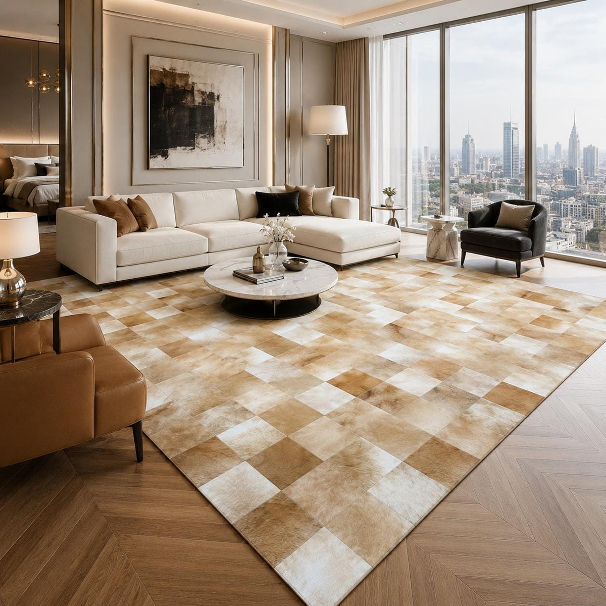 Bej Patchwork Dana Derisi Halı – El Yapımı Şık Salon Halısı