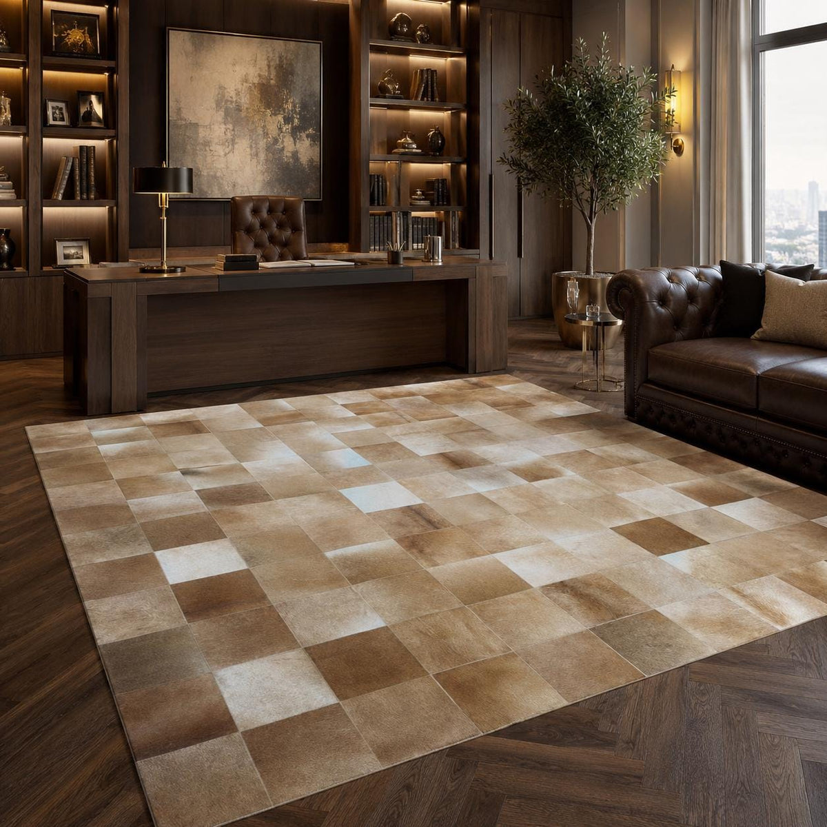 Bej Patchwork Dana Derisi Halı – El Yapımı Şık Salon Halısı – görsel 2