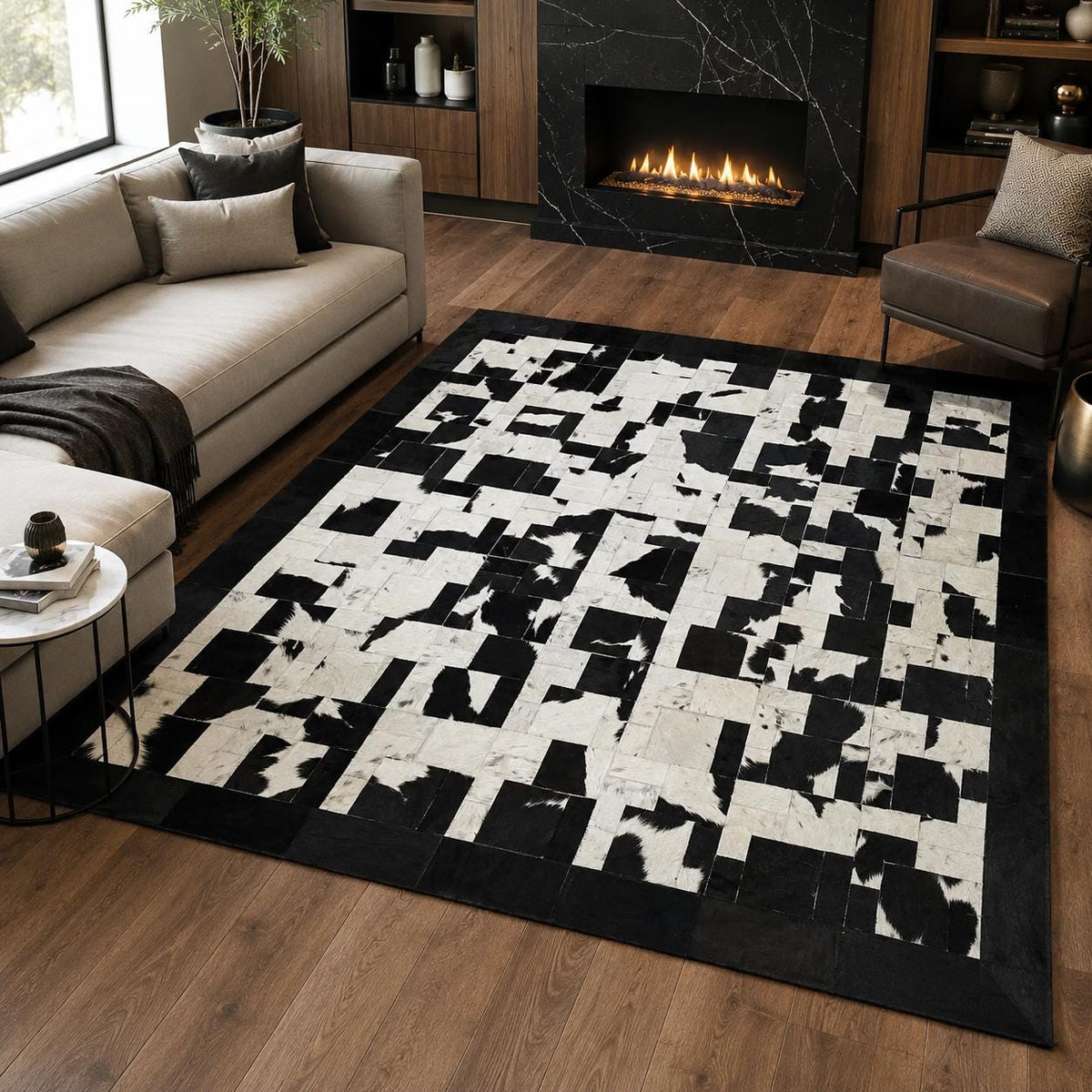 Siyah ve Beyaz Patchwork Dana Derisi Halı – Lüks Görünümlü Salon Halısı