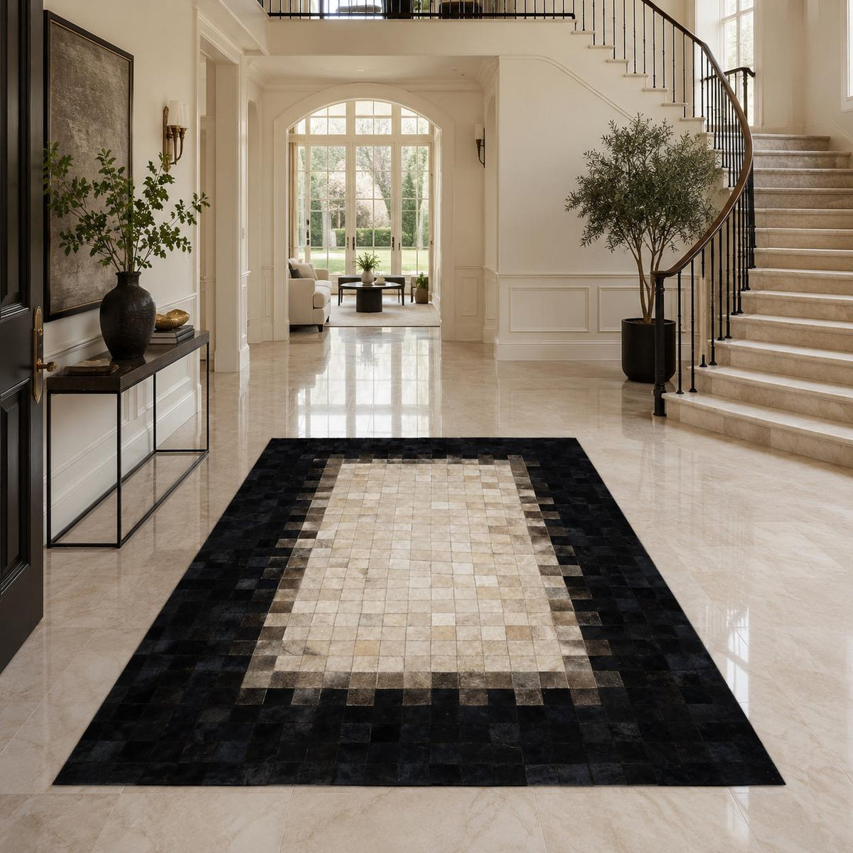 Siyah Patchwork Dana Derisi Halı – Modern ve Dekoratif Giriş Halısı