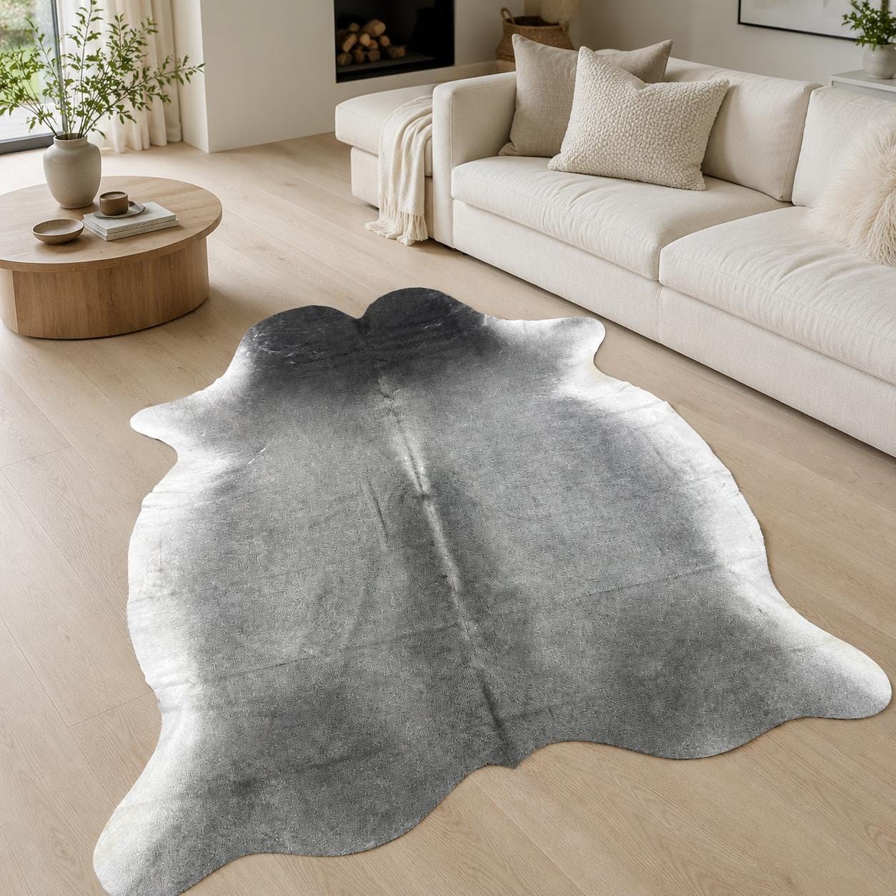Hakiki Açık Gri Beyaz Dana Derisi Halı 183x211 cm – Yumuşak Gri Kıllı Doğal Post Halı