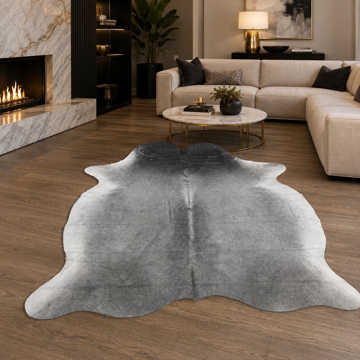 Hakiki Açık Gri Beyaz Dana Derisi Halı 183x211 cm – Yumuşak Gri Kıllı Doğal Post Halı