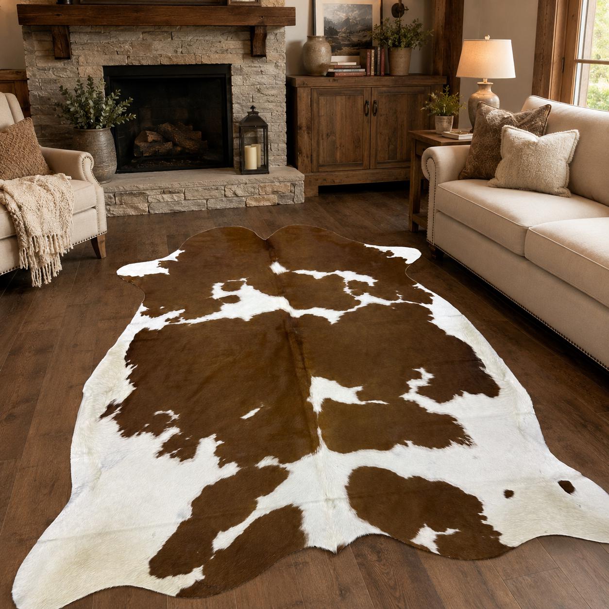 Hakiki Bal Rengi Kahverengi Beyaz Dana Derisi Halı 196x230 cm – Gerçek Kıllı İnek Derisi Post Halı
