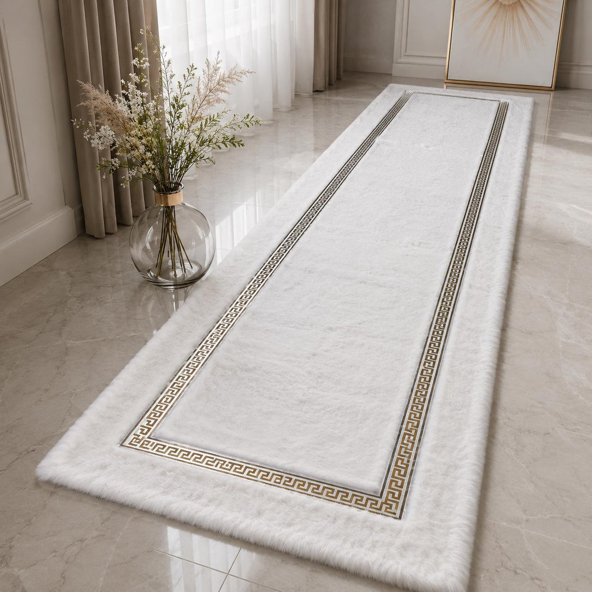 Beyaz ve Gümüş Geometrik Peluş Halı – Modern ve Dekoratif Yatak Odası Halısı – görsel 2