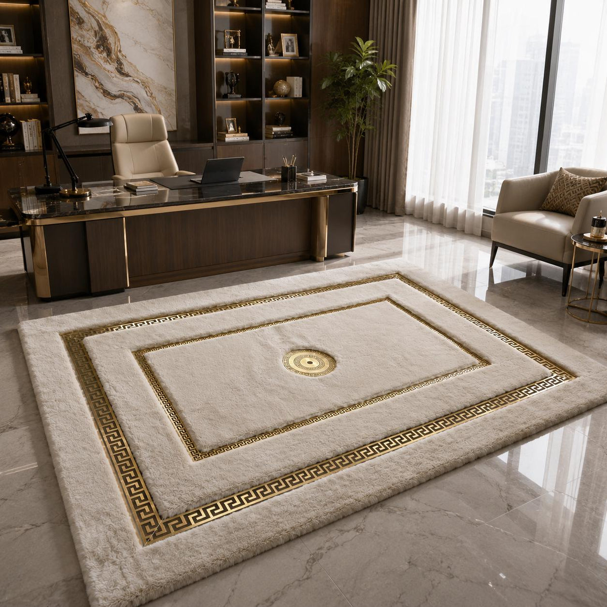 Fildişi ve Altın Suni Kürk Peluş Halı – Modern ve Dekoratif Yatak Odası Halısı