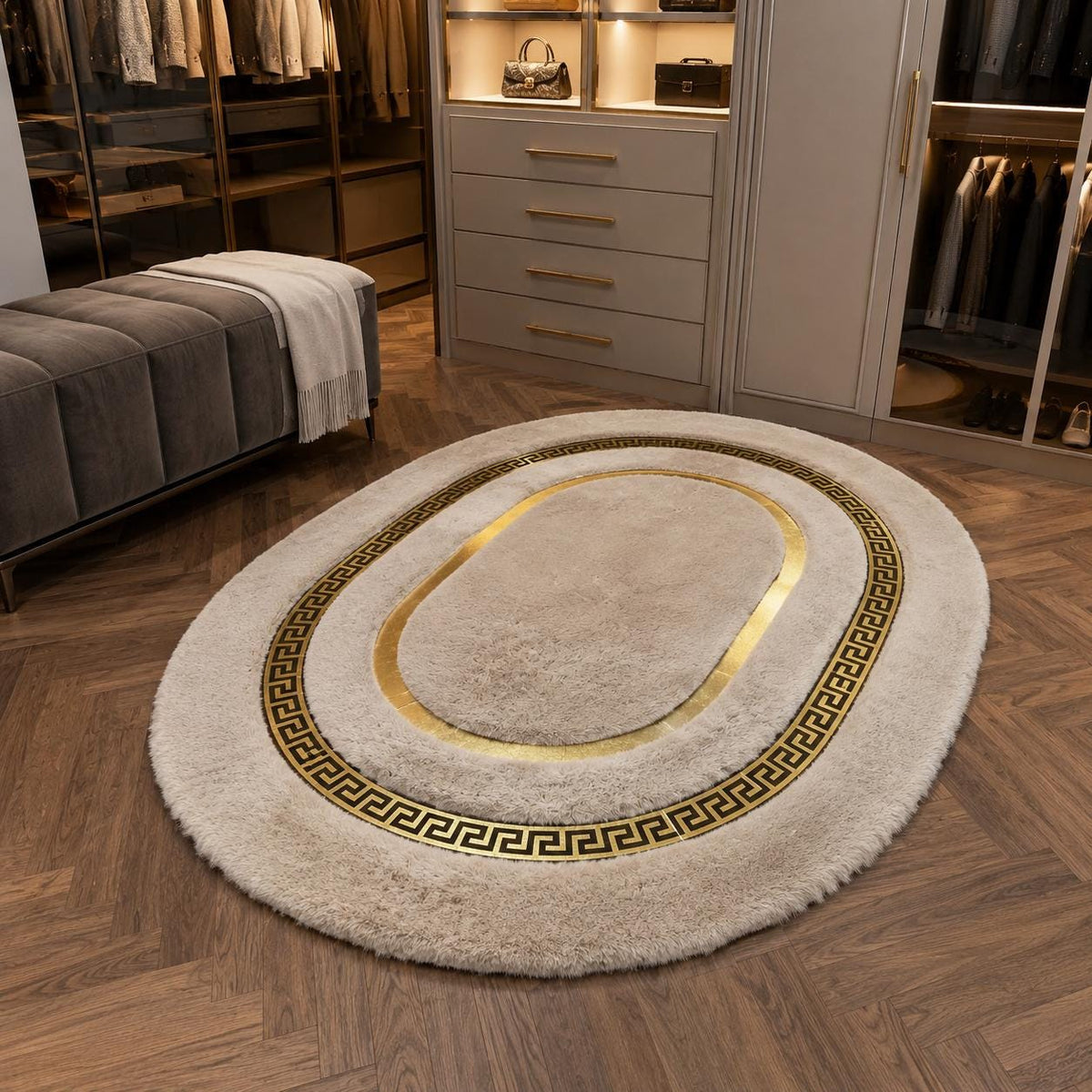 Fildişi ve Altın Suni Kürk Peluş Halı – Lüks Görünümlü Salon Halısı – görsel 2