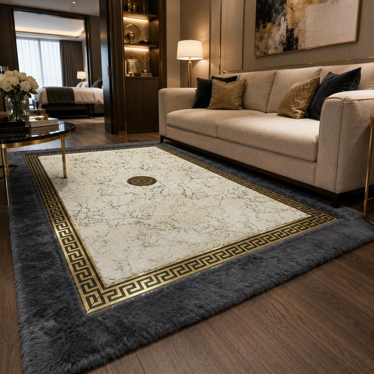 Gri ve Altın Suni Kürk Peluş Halı – Lüks Görünümlü Salon Halısı – görsel 2