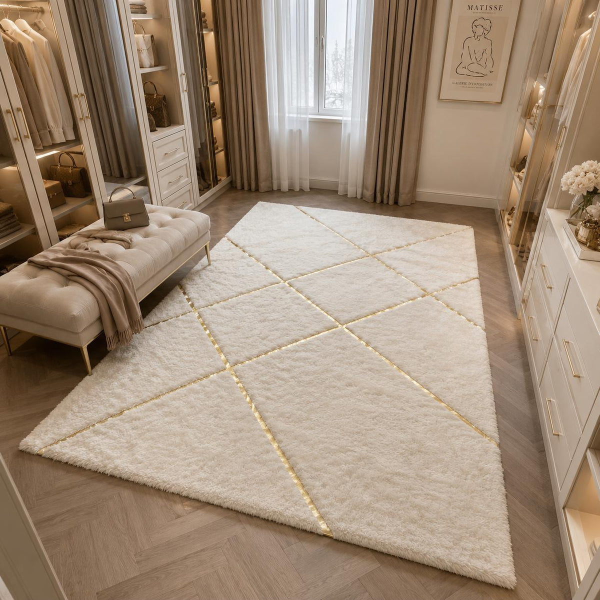 Fildişi ve Altın Geometrik Peluş Halı – El Yapımı Şık Salon Halısı