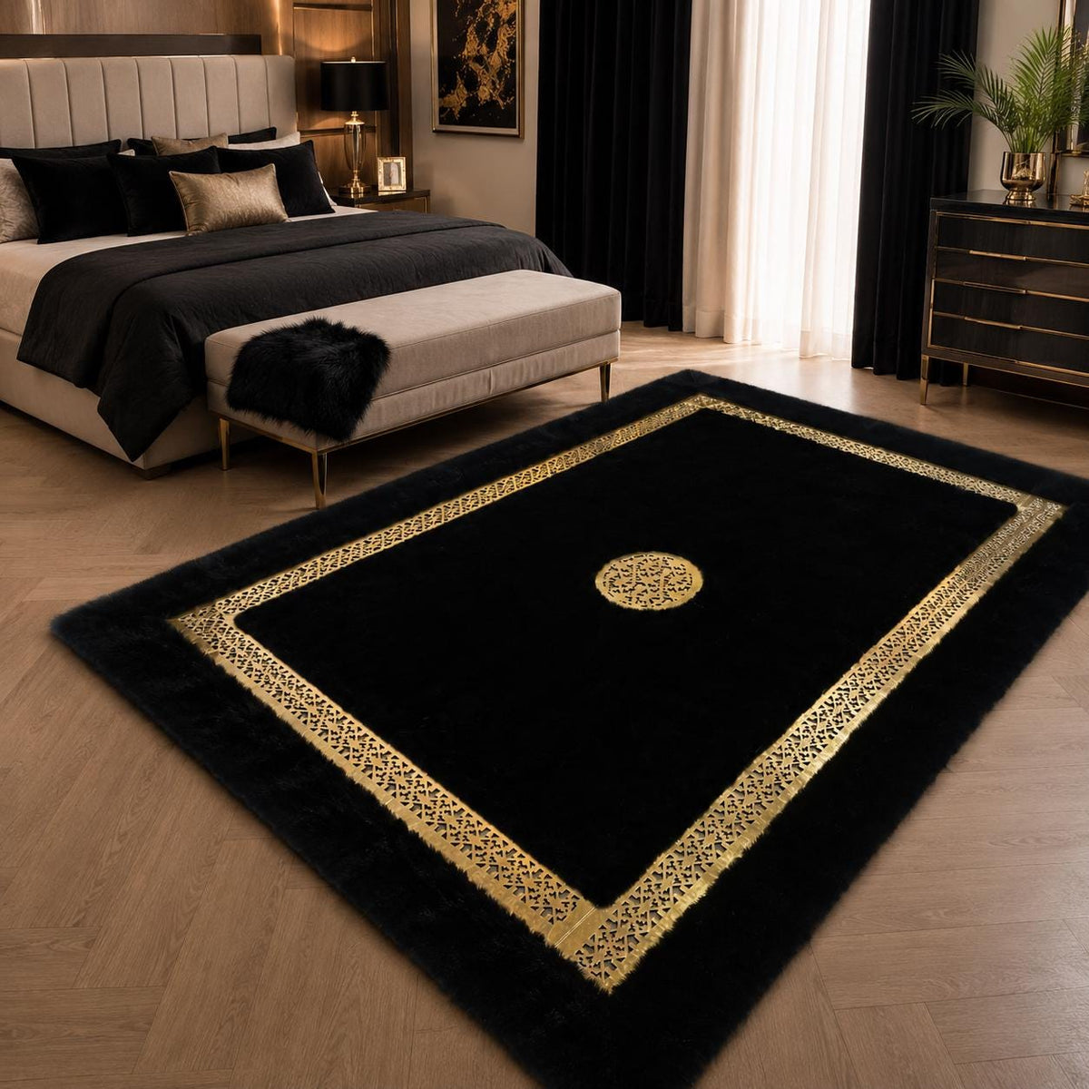 Siyah ve Altın Suni Kürk Peluş Halı – Modern ve Dekoratif Yatak Odası Halısı – görsel 2