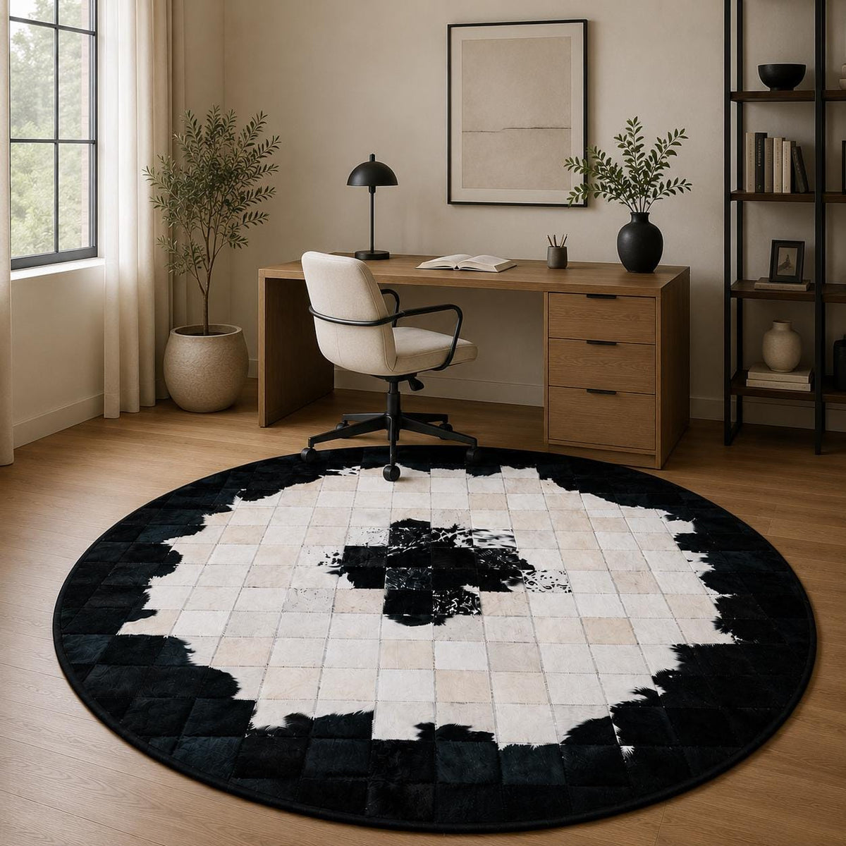 Siyah ve Beyaz Patchwork Yuvarlak Dana Derisi Halı – Özel Ölçülerde Salon Halısı