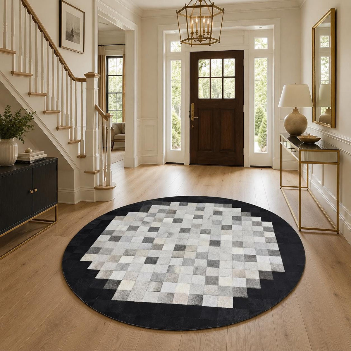 Siyah ve Beyaz Patchwork Yuvarlak Dana Derisi Halı – Lüks Görünümlü Giriş Halısı