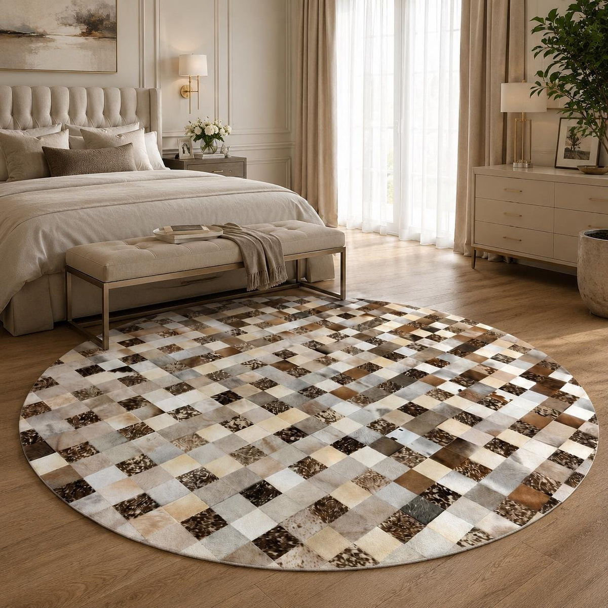 Kahverengi ve Bej Patchwork Yuvarlak Dana Derisi Halı – Özel Ölçülerde Giriş Halısı