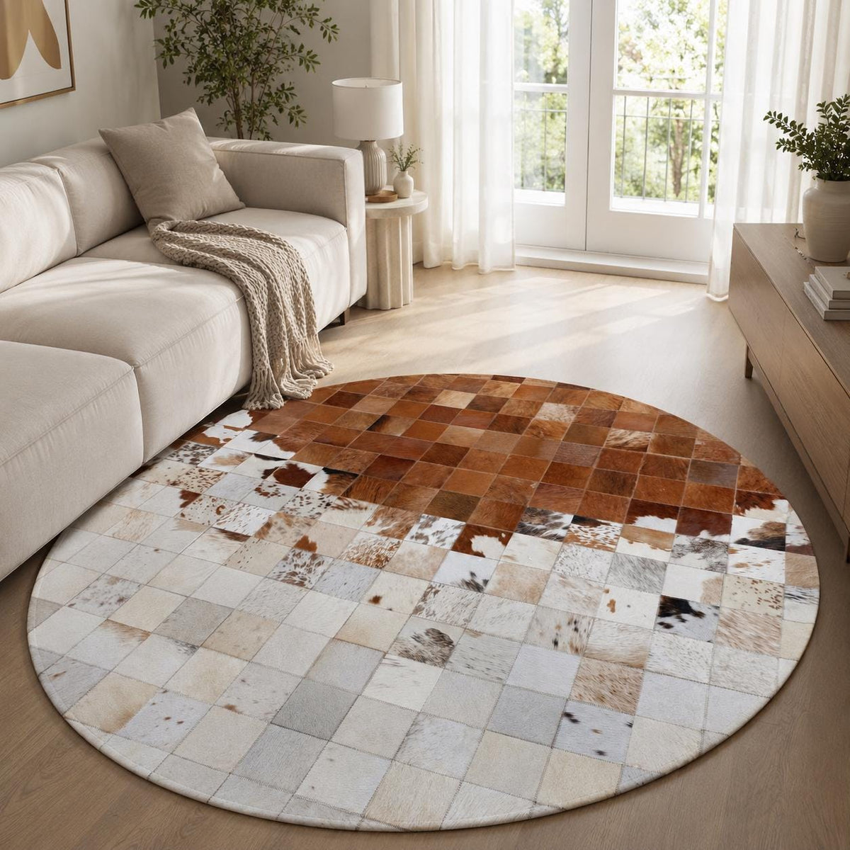 Kahverengi ve Beyaz Patchwork Yuvarlak Dana Derisi Halı – El Yapımı Şık Salon Halısı