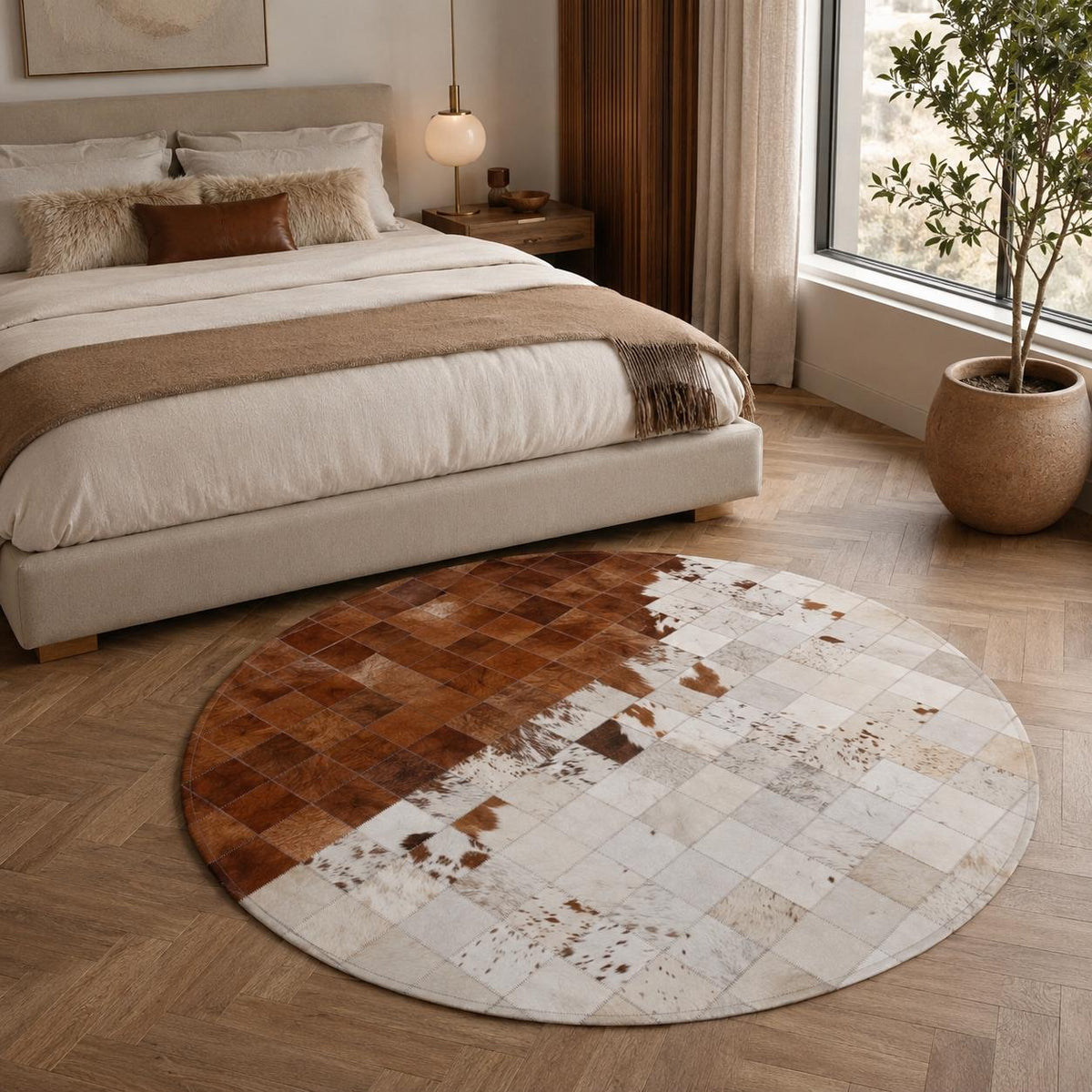 Kahverengi ve Beyaz Patchwork Yuvarlak Dana Derisi Halı – El Yapımı Şık Salon Halısı – görsel 2