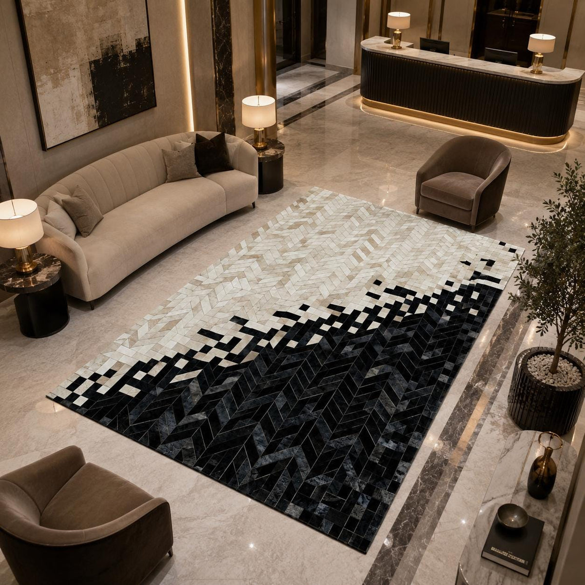 Siyah ve Beyaz Geometrik Dana Derisi Halı – Modern ve Dekoratif Salon Halısı – görsel 2