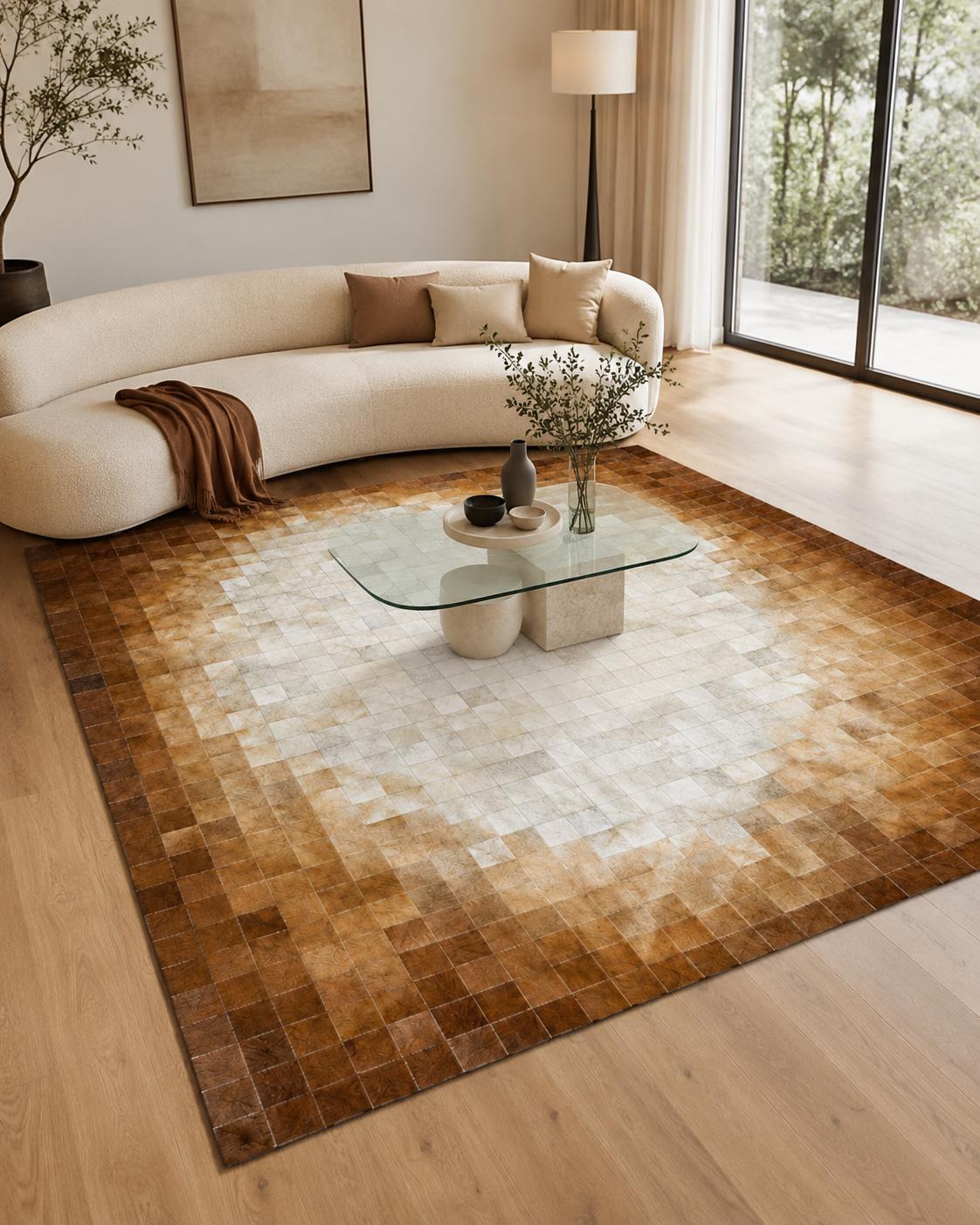 Kahverengi Patchwork Dana Derisi Halı – Özel Ölçülerde Yatak Odası Halısı