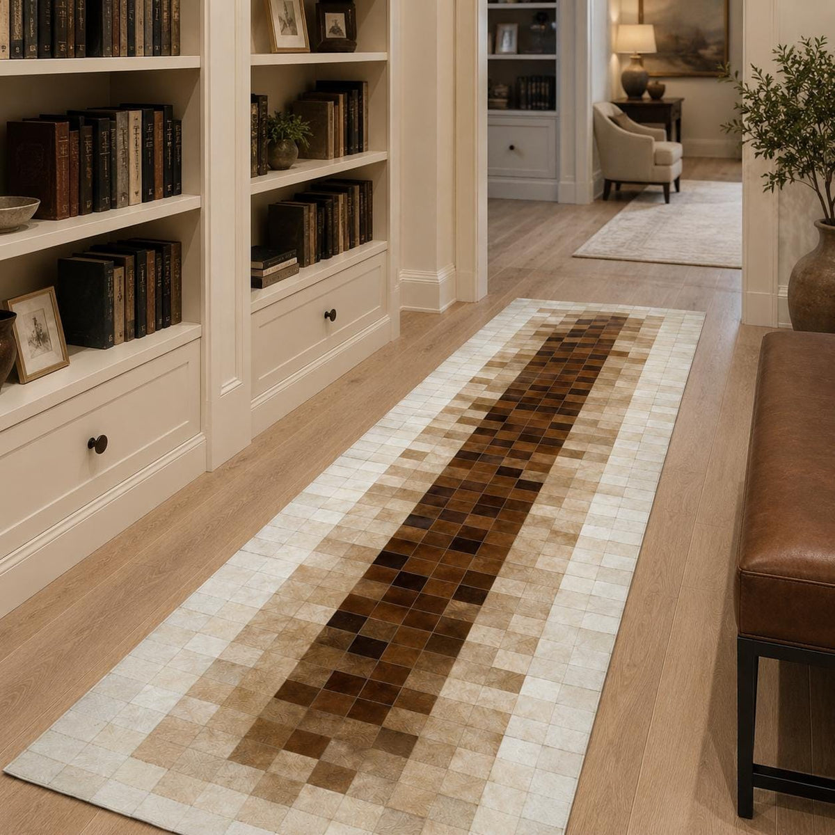 Kahverengi Patchwork Dana Derisi Yolluk – Modern ve Dekoratif Koridor Halısı