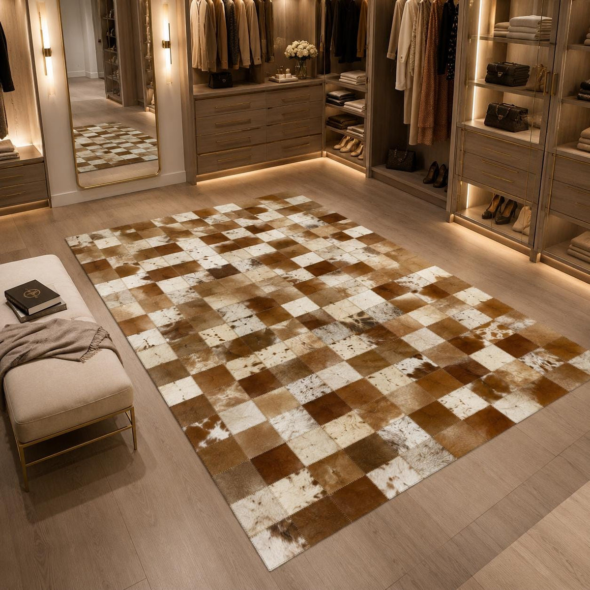 Kahverengi ve Kırmızı Patchwork Dana Derisi Halı – Lüks Görünümlü Salon Halısı