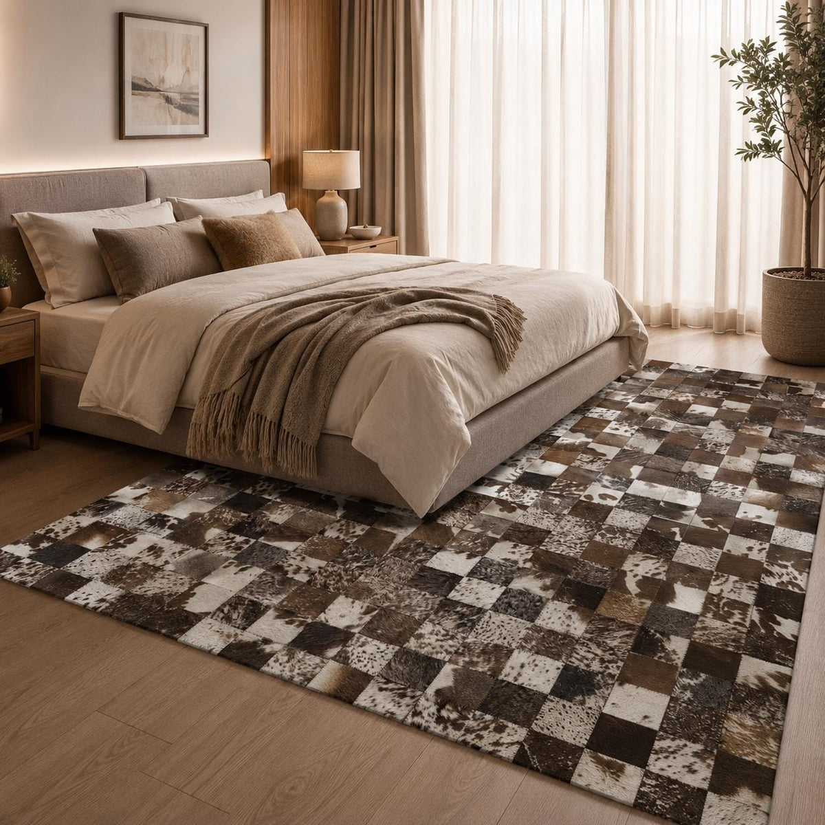 Kahverengi ve Fildişi Patchwork Dana Derisi Halı – Modern ve Dekoratif Yatak Odası Halısı – görsel 2
