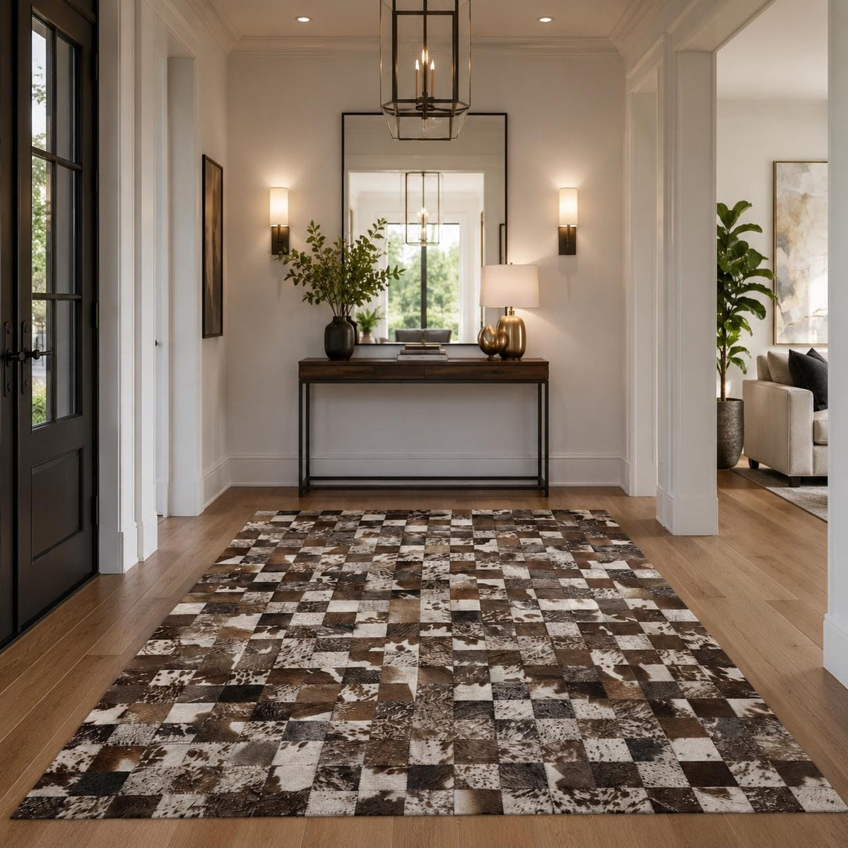 Kahverengi ve Fildişi Patchwork Dana Derisi Halı – Modern ve Dekoratif Yatak Odası Halısı