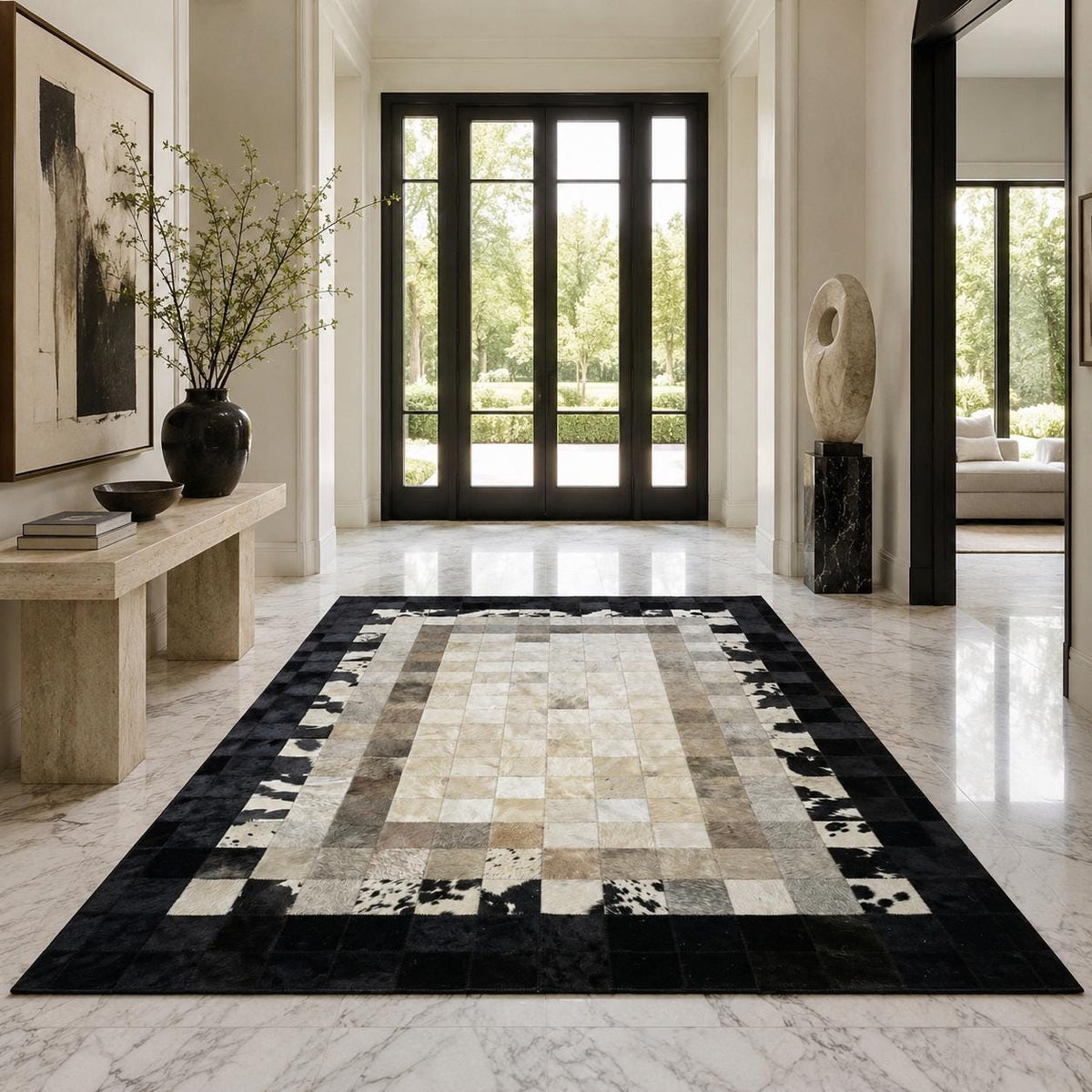 Siyah ve Beyaz Patchwork Dana Derisi Halı – Özel Ölçülerde Salon Halısı