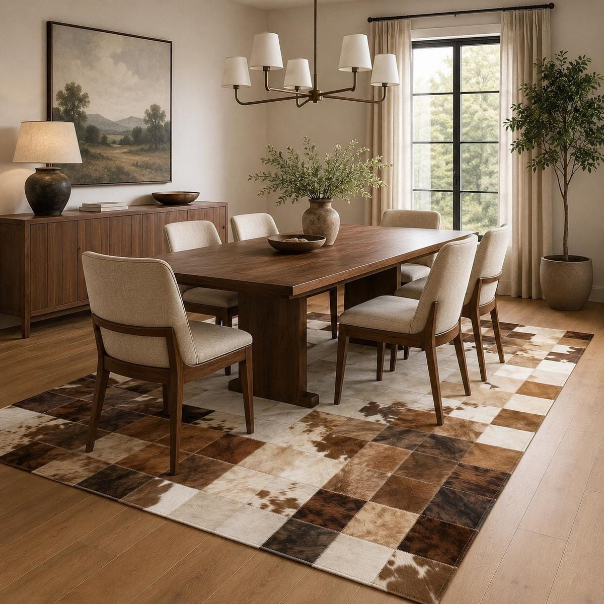 Kahverengi ve Bej Patchwork Dana Derisi Halı – Lüks Görünümlü Salon Halısı – görsel 2