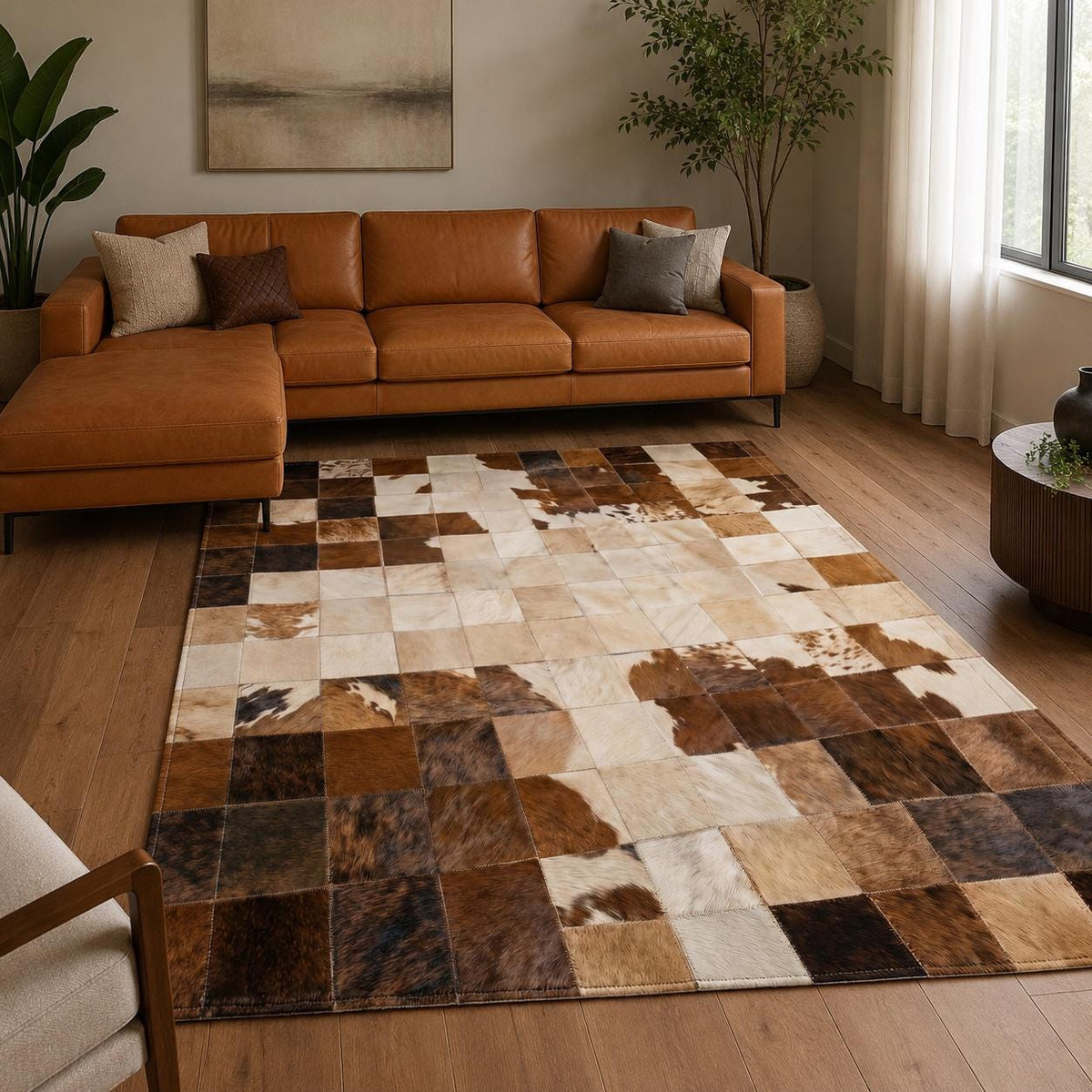 Kahverengi ve Bej Patchwork Dana Derisi Halı – Lüks Görünümlü Salon Halısı
