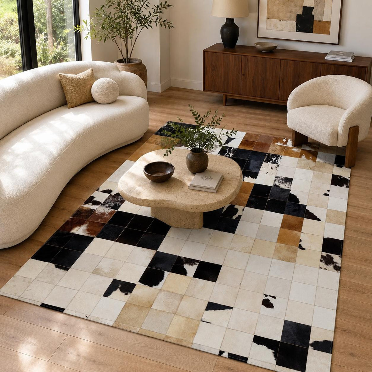 Kahverengi ve Doğal Patchwork Dana Derisi Halı – El Yapımı Şık Yatak Odası Halısı – görsel 2