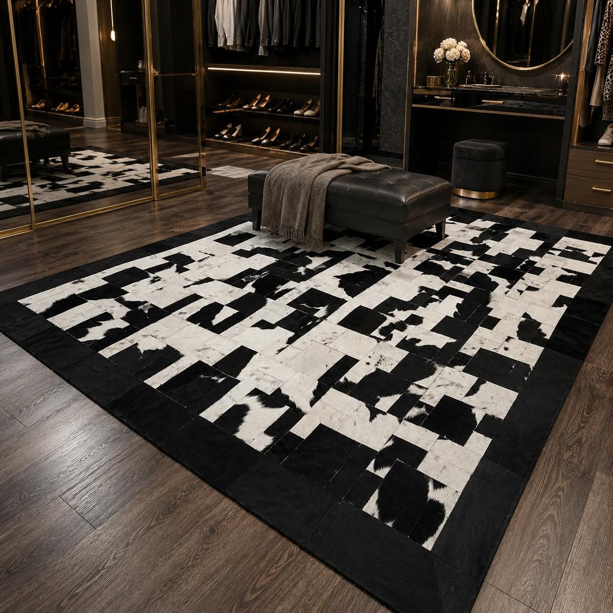 Siyah ve Beyaz Patchwork Dana Derisi Halı – Lüks Görünümlü Salon Halısı – görsel 2
